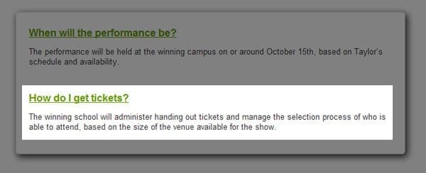 Taylor Swift on Campus contest FAQs Screen shot of the Taylor Swift contest FAQs