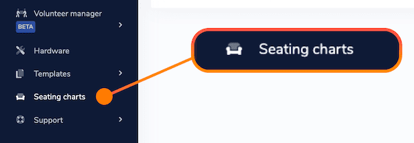 The "seating charts" tab is highlighted in the left menu of ThunderTix to show where to find it.