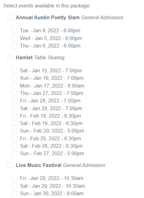 Select events to include in package