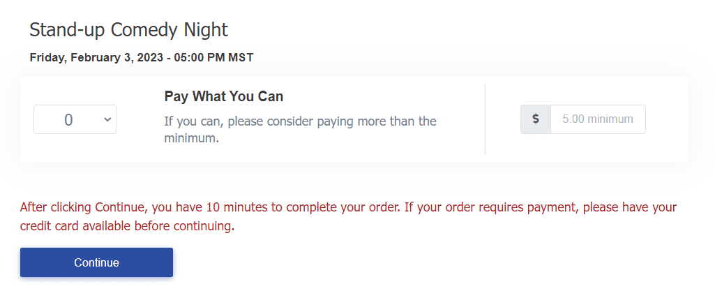 A preview of what ticket buyers see when a Pay what you can ticket is used for events. It shows how customers see the minimum ticket value and the ability to type in their own ticket price.