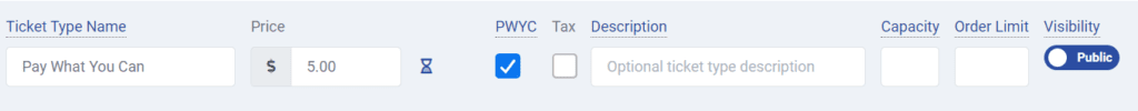 Pay What You Can Ticket options in ThunderTix let you give the ticket a name, set a minimum price, add an elaborative description, tax, and max capacity.