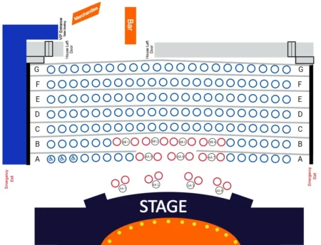 A ThunderTix reserved seating chart for a venue with booths, tables, a bar, and marked entrances and exits