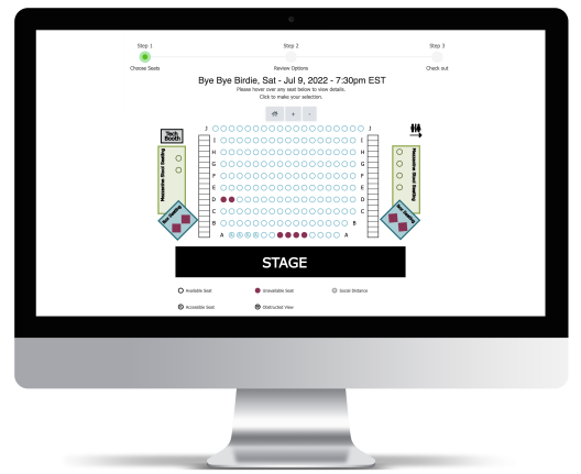 cropped-sample-reserved-seating.webp A monitor showing a reserved seating diagram with only 3 steps to checkout for tickets.