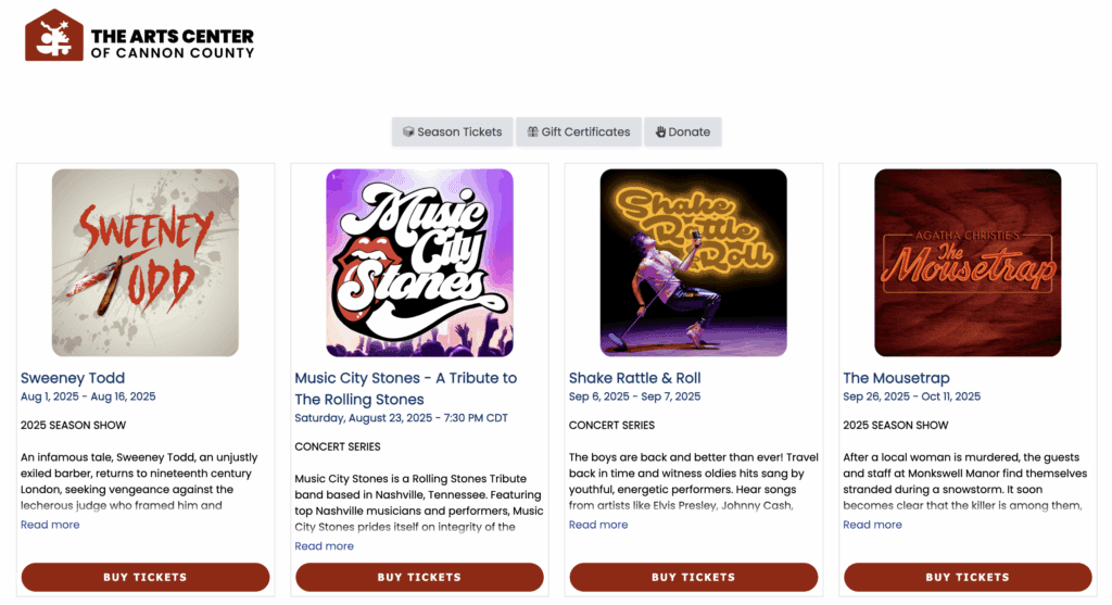 Brand your public event display in ThunderTix to include your logo, preferred fonts, and button colors to match your website brand for a seamless customer experience.