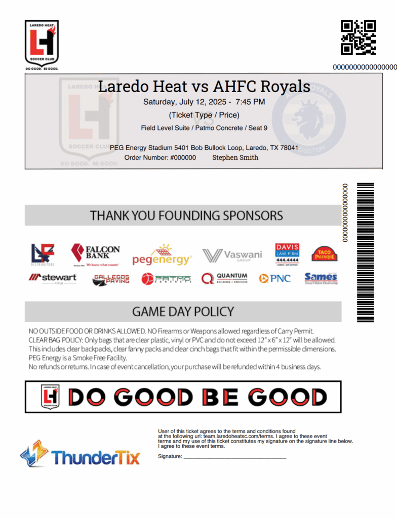 A branded example of an eTicket through ThunderTix with sponsored ads and logo placement.