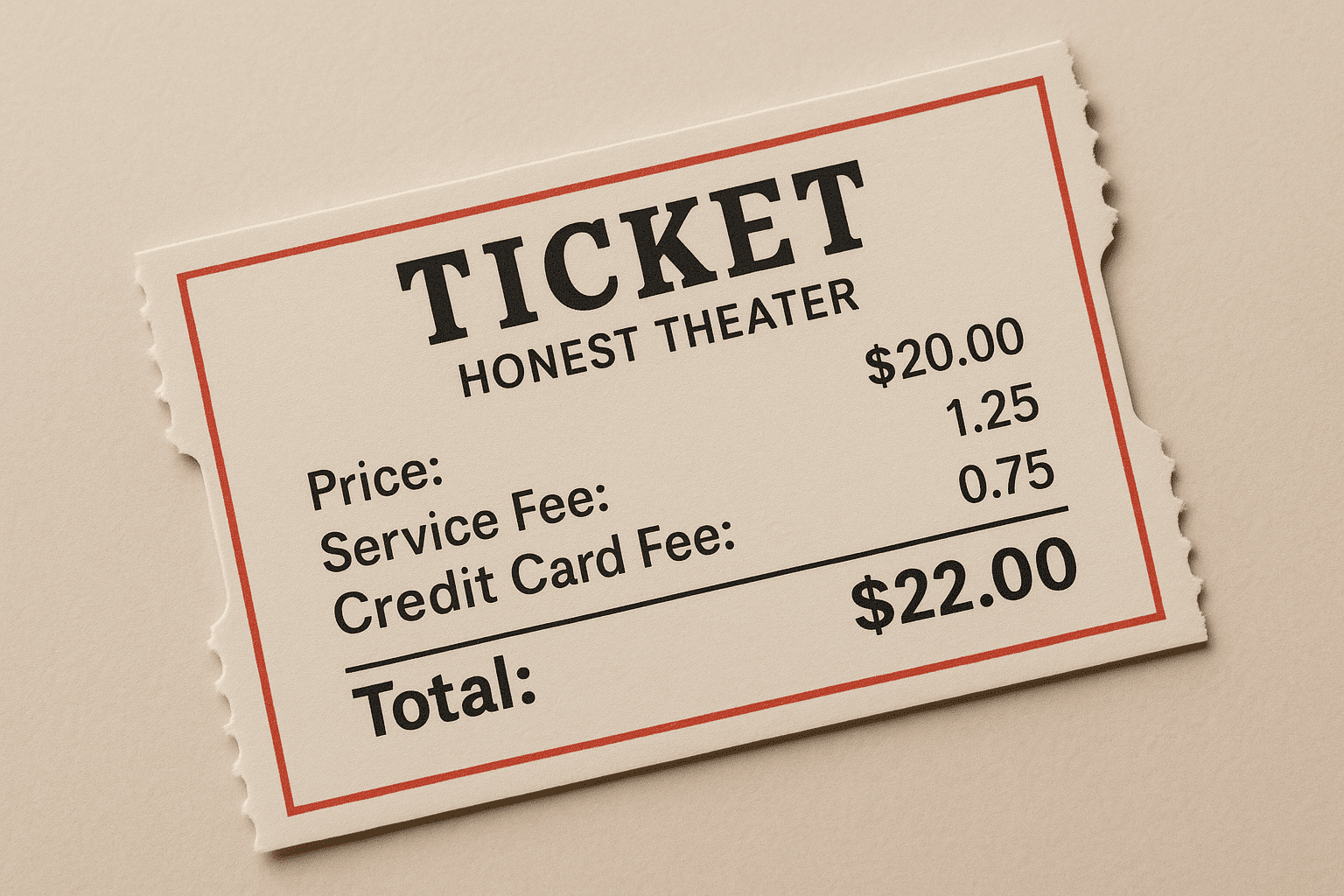 A ticket with a base price and the additional fees clearly separated and included in the overall total price.