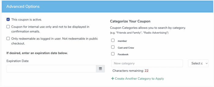 A screenshot of the Advanced Options tab when creating a new coupon in ThunderTix.