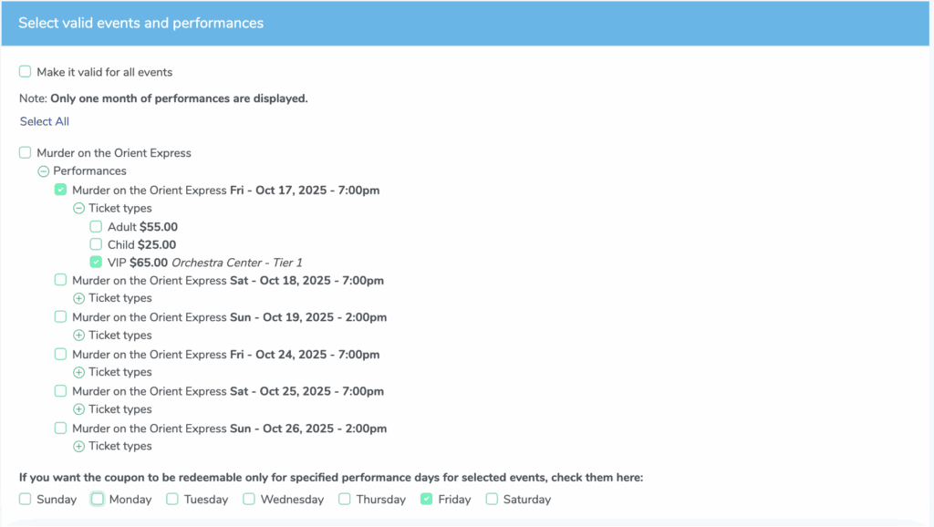 A screenshot that shows how a coupon in ThunderTix can be applied to an event, performance, ticket type and even section of a seating chart