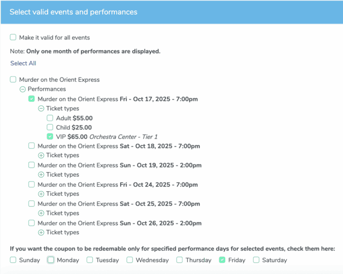 A screenshot that shows how a coupon in ThunderTix can be applied to an event, performance, ticket type and even section of a seating chart