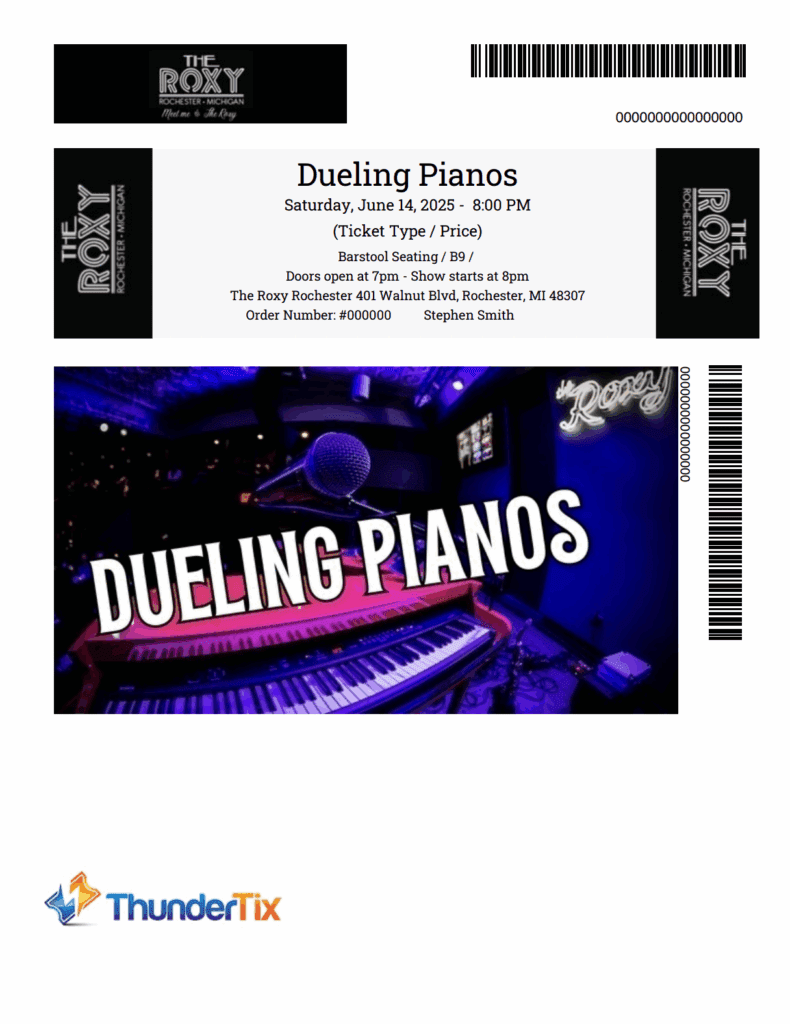 An electronic PDF ticket with customized ticket space and custom graphics to highlight the venue's branding.