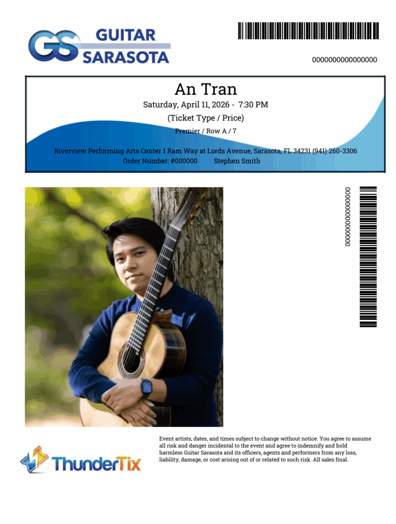 A branded eTicket for a classical guitar concert where the ad space is utilized to highlight the guitarrist.