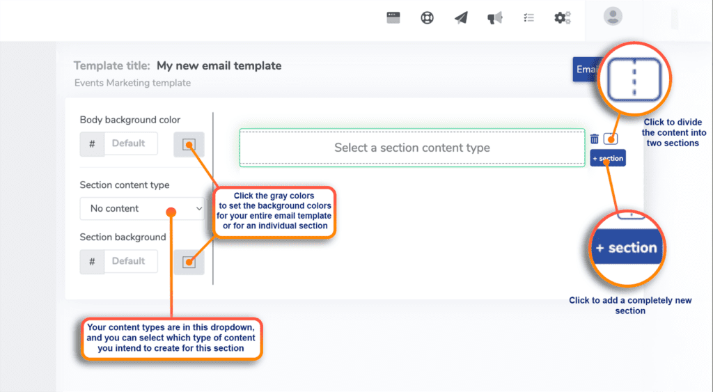 A preview of the ThunderTix mass email template builder to add sections onto a custom email.