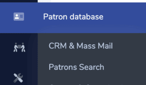 The ThunderTix menu showing the Patron Database with the CRM & Mass Mail drop-down menu options.