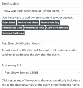 The controls to customize the post-event email subject and delivery time from ThunderTix.