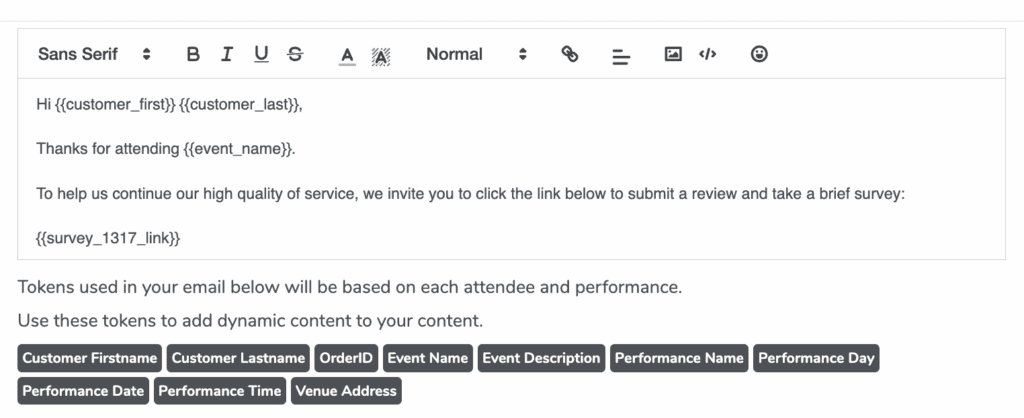 A sample of the post-event email content, survey and editor along with the available tokens to embed into the body.