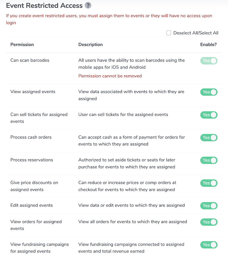 A screenshot of the various user permissions available for an event restricted user in ThunderTix.