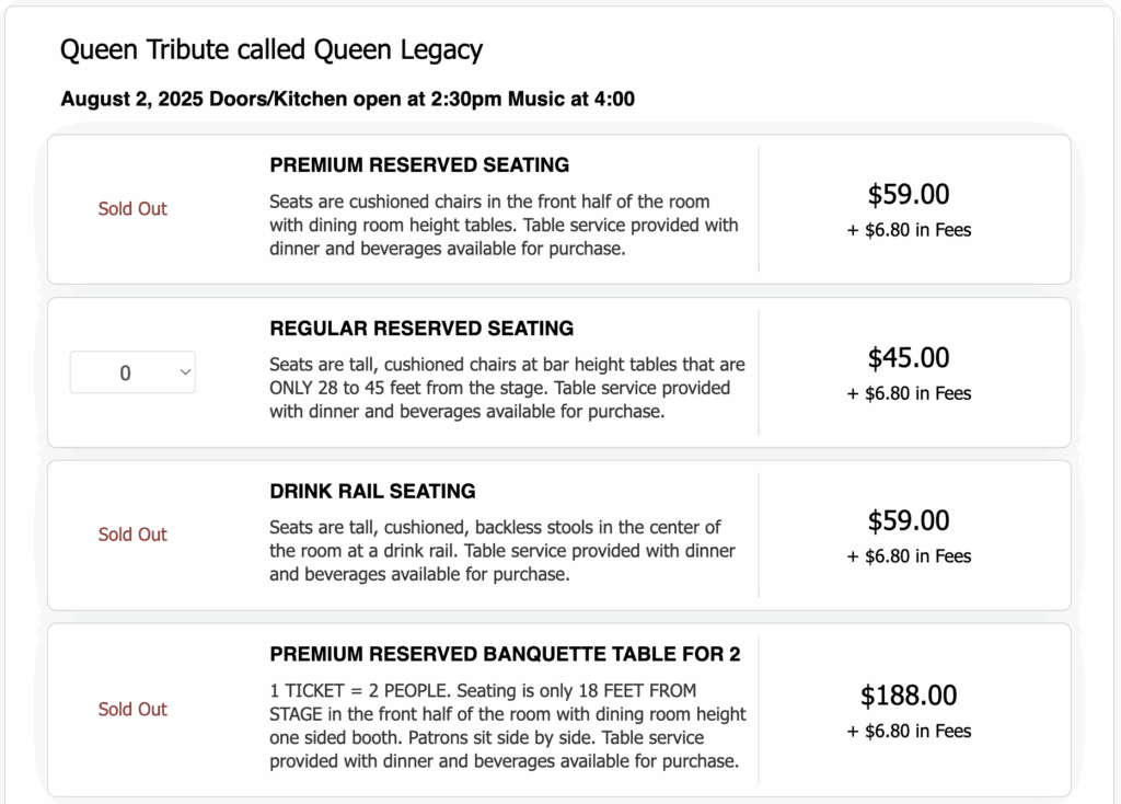 A screenshot of a general admission event in ThunderTix with 3 of the 4 ticket types by section sold out.