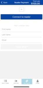 Connect to Reader Screen in ThunderTix App