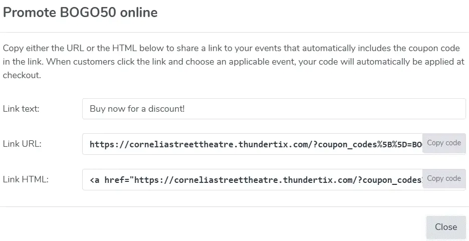 Promote Coupon Code online pop up 