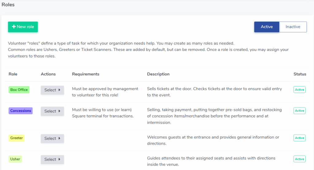 List of volunteer roles in ThunderTix 