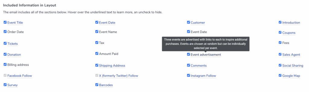 The confirmation email template in ThunderTix can be customized allowing venues to pick and choose which elements are included in the receipt.