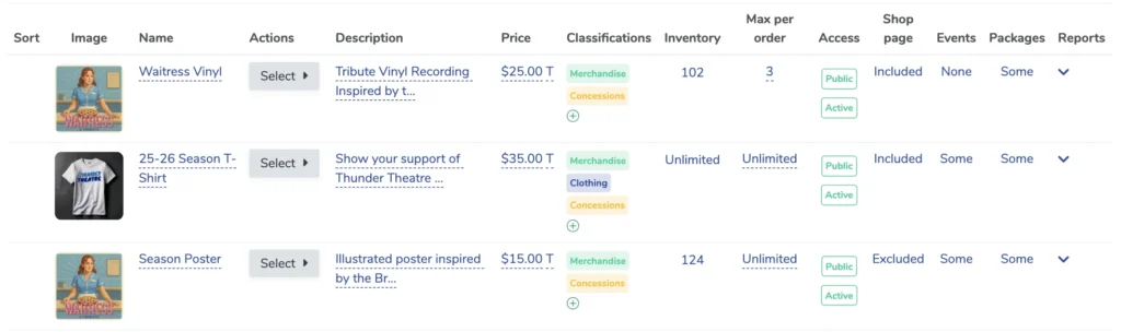 The merchandise and concessions portal in ThunderTix to manage each product's event specific controls.
