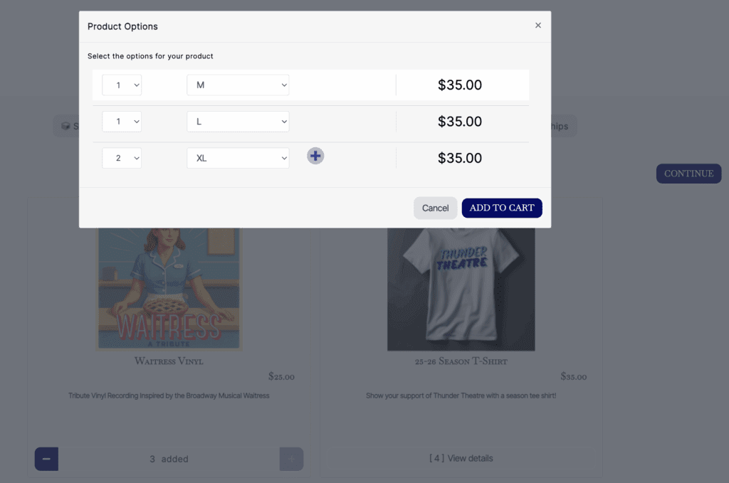 A screenshot showing the size selection of apparel sold using ThunderTix for merchandise.