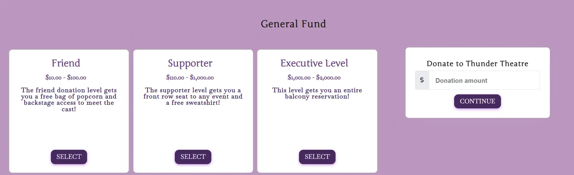 Standalone donation campaign with levels