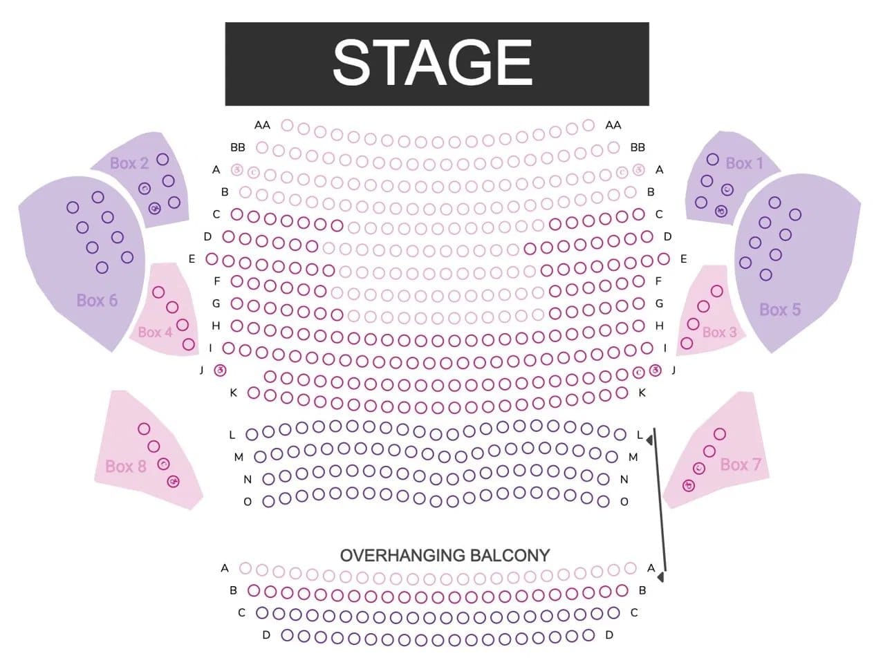 ThunderTix reserved seating chart for a theater with side boxes and a balcony, seats color-coded by status: available, sold, held, and ADA.