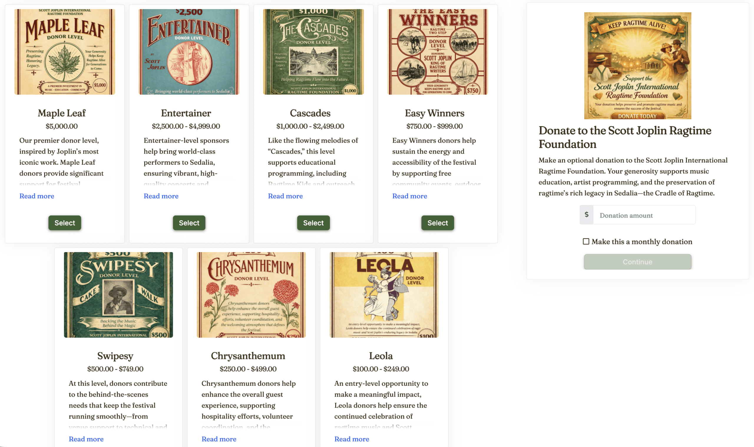 A ThunderTix fundraising campaign page with seven suggested giving levels, each with a description and image showing what the patron receives at that tier, and a goal progress bar showing the percentage raised toward the campaign target.