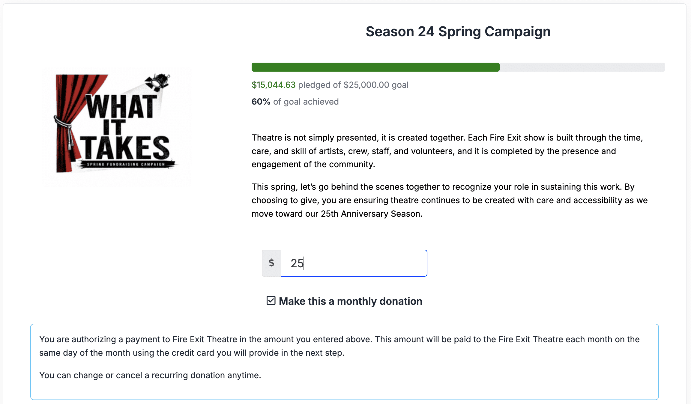 A ThunderTix fundraising campaign with a goal progress bar and an option for the patron to make their donation monthly recurring, available with Stripe and Square payment gateways.