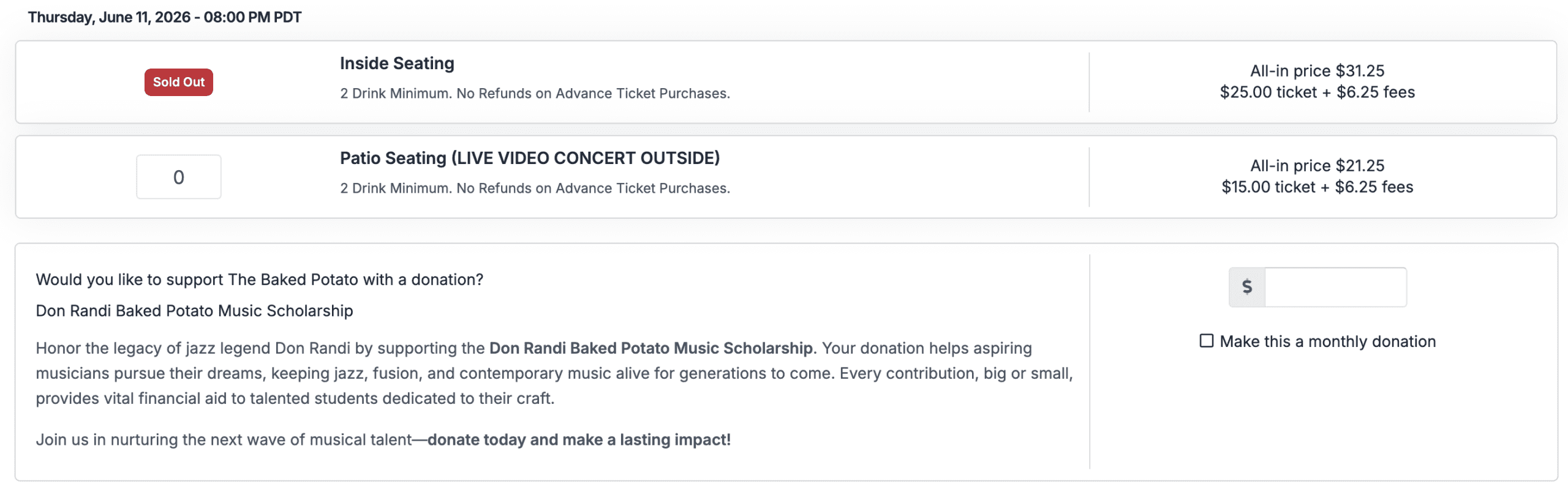 A ThunderTix event with two general admission ticket types — Inside Seating (sold out) and Patio Seating — each with its own price and capacity, shown with all-in pricing and an optional donation.