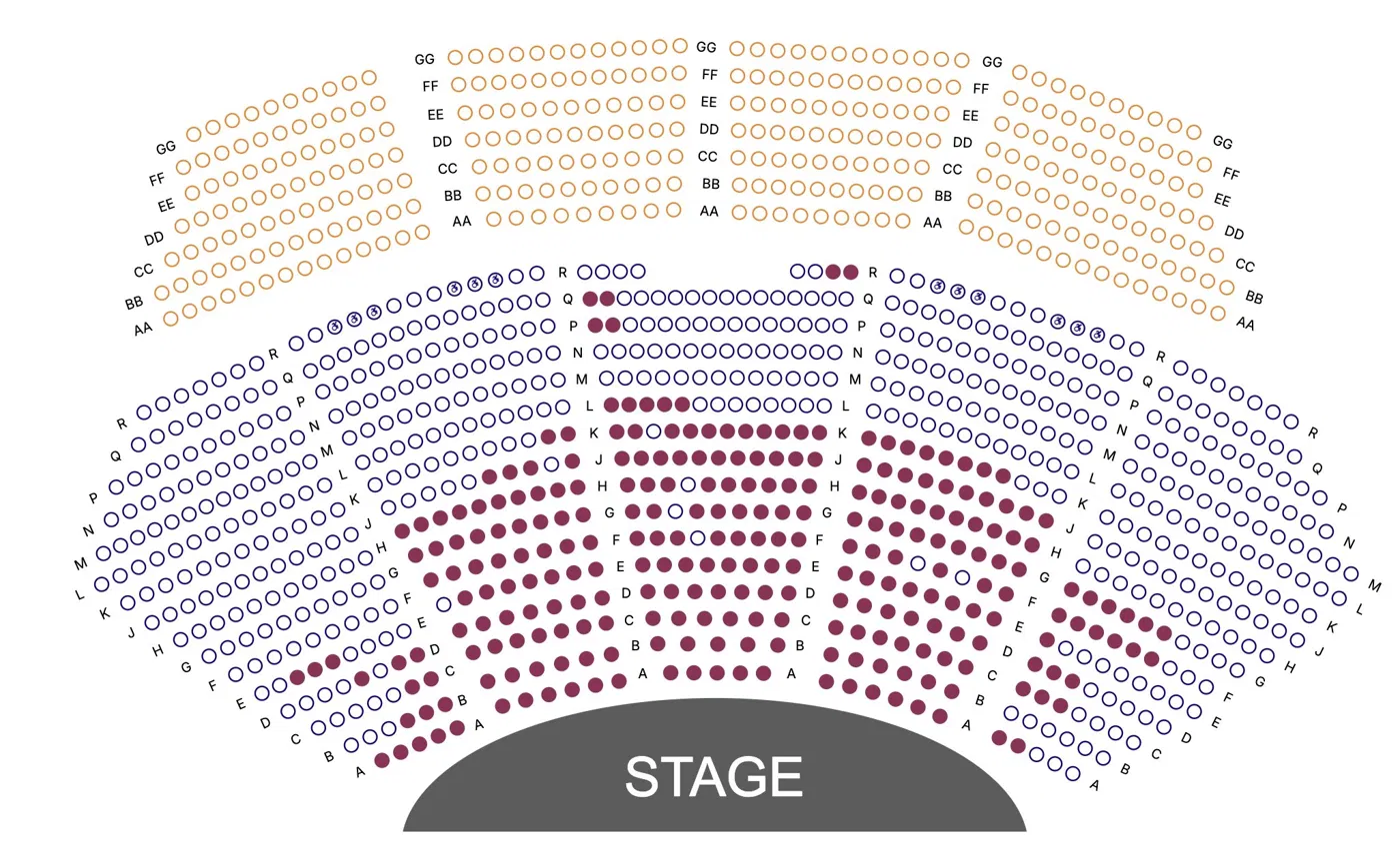 ThunderTix reserved-seating chart: a raked orchestra floor in curved center, left, and right sections with an angled balcony tier above, all fanned around a stage at the bottom