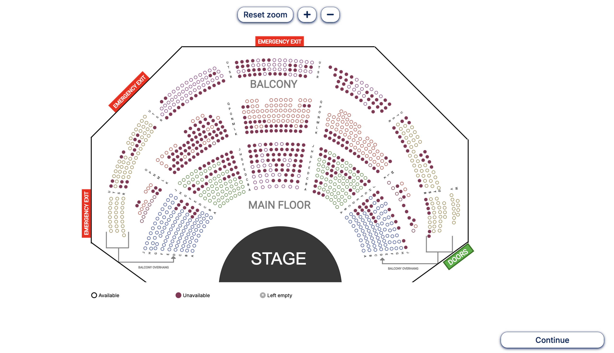 A ThunderTix interactive seating chart styled in a venue's brand — custom colors on the seat map