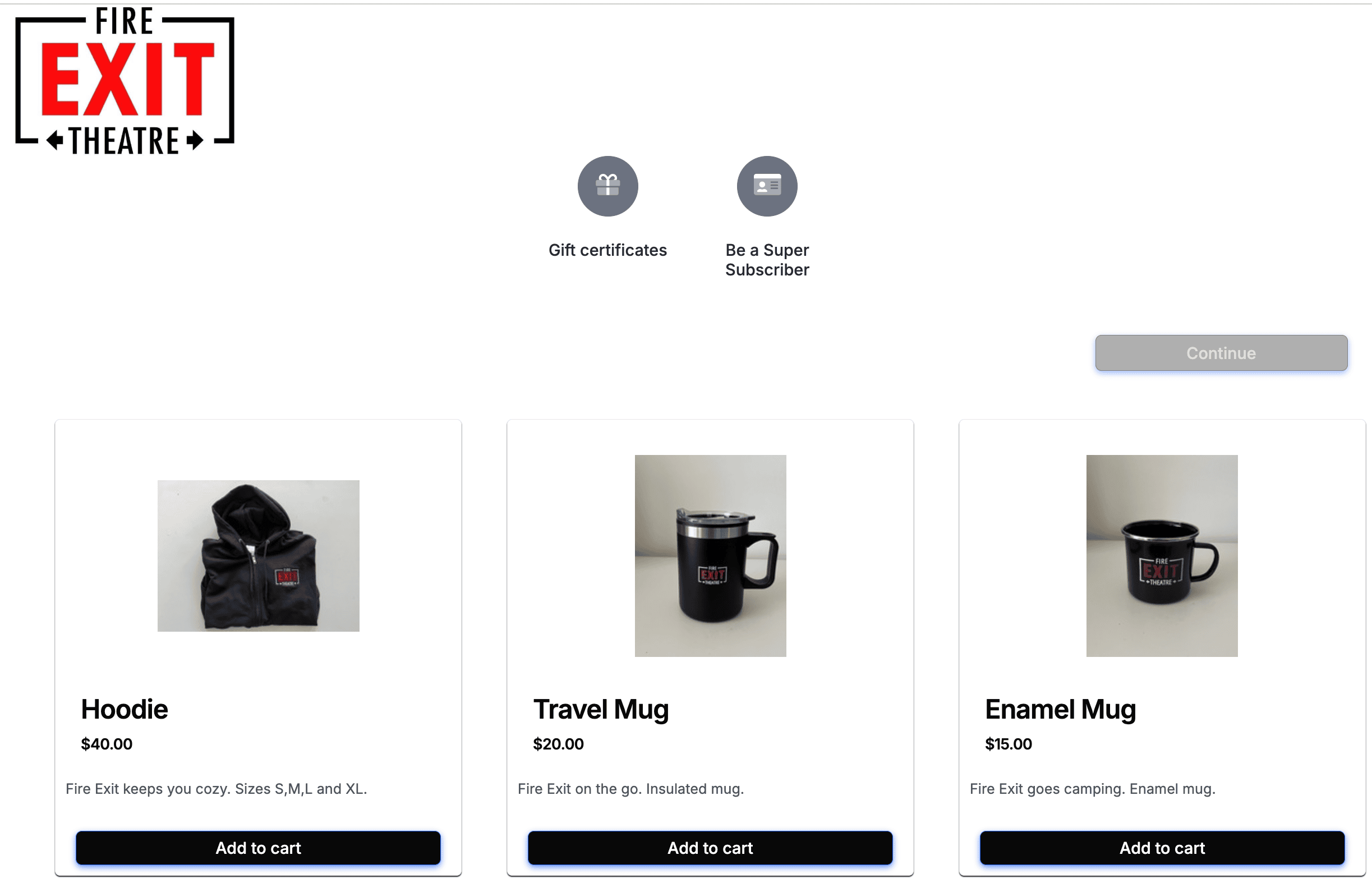 A ThunderTix shop page styled in a venue's brand — products with custom colors and logo