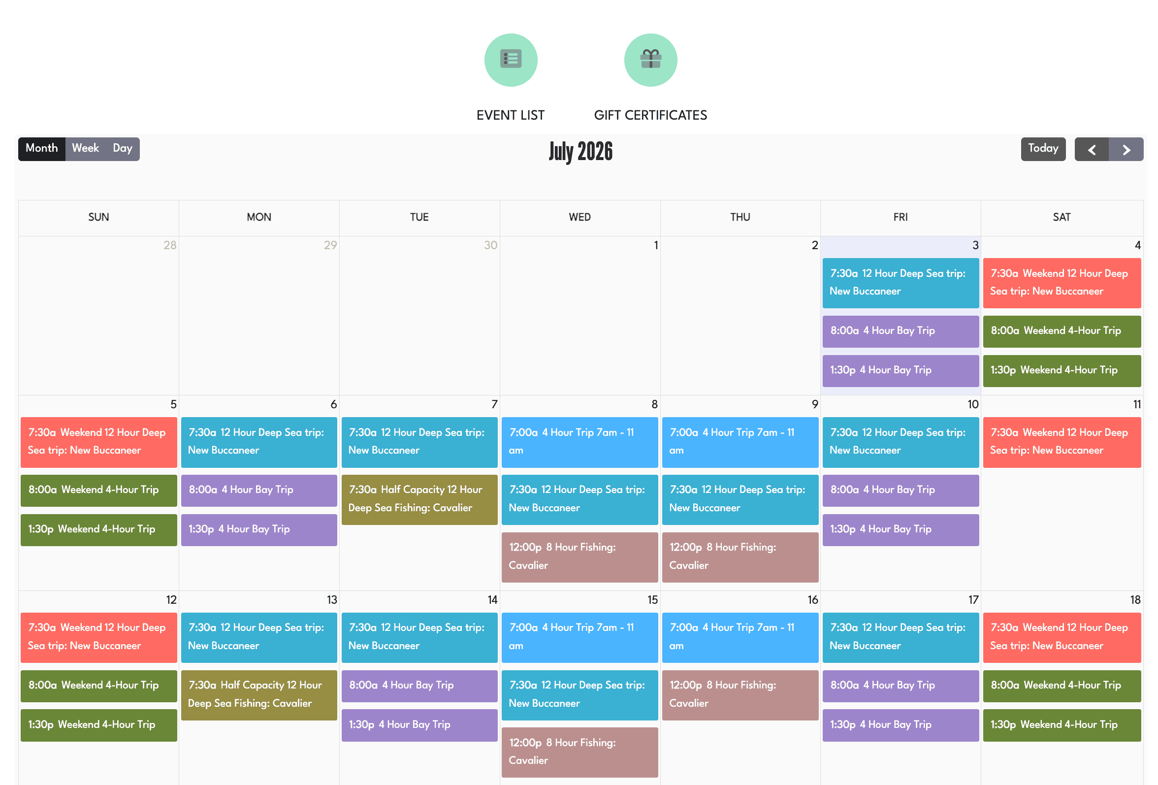 A ThunderTix event calendar styled in a venue's brand — custom colors on a month-at-a-glance grid