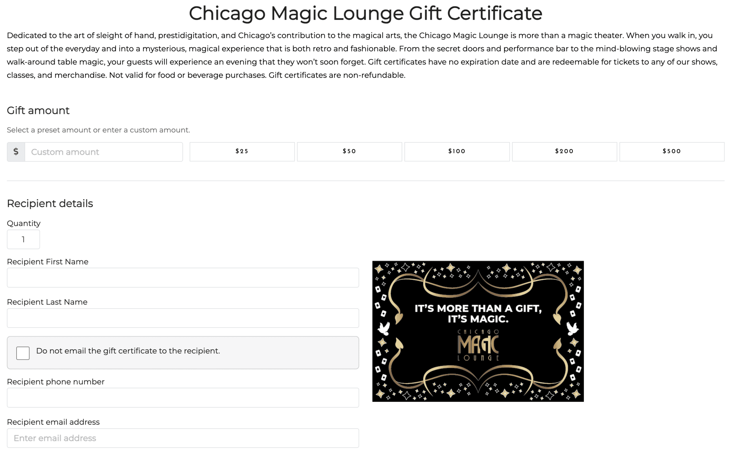 A ThunderTix gift certificate page styled in a venue's brand — custom colors and logo