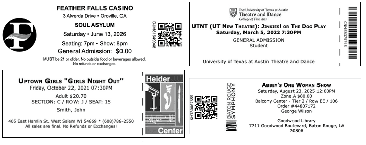Sample ThunderTix thermal tickets from several venues, each with the event, seat details, and a scannable code