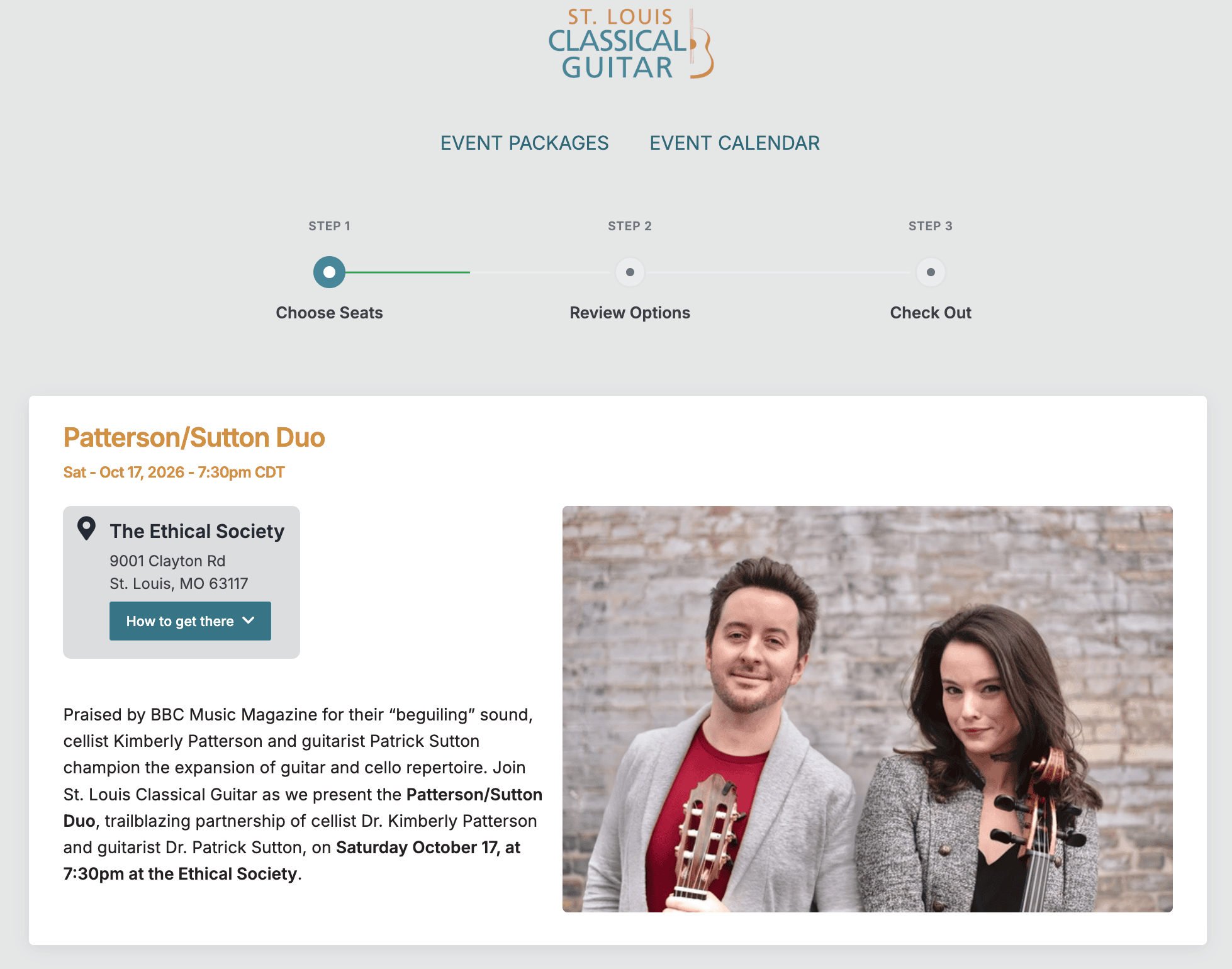 A ThunderTix single event page styled in a venue's brand — custom colors, logo, and event details