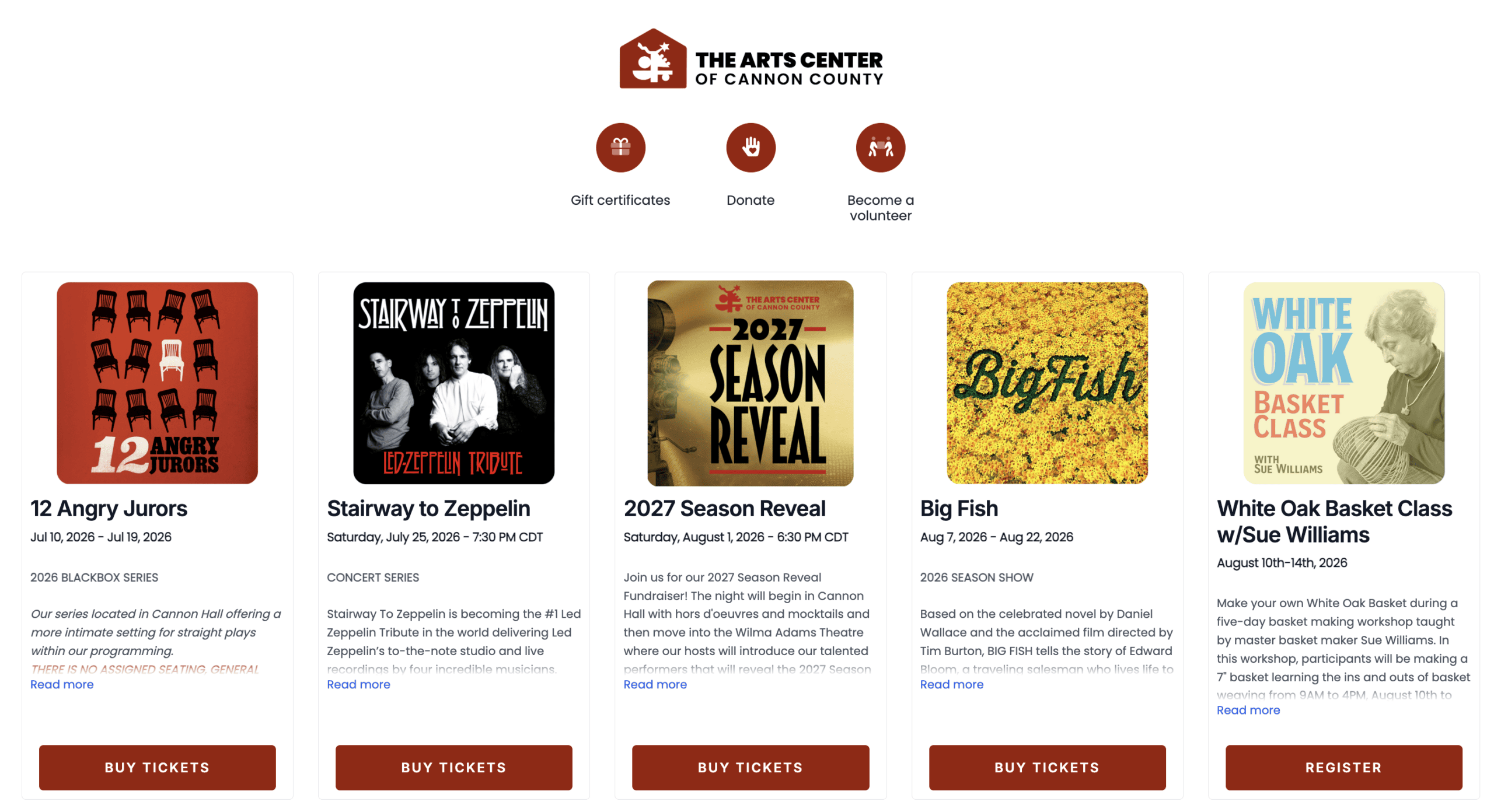 A ThunderTix event site fully styled in a venue's brand — custom logo, colors, banner, and event boxes